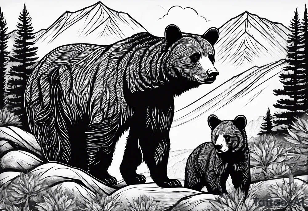 mamma bear and cub with mountains tattoo idea mamma bear and cub with mountains tattoo idea
