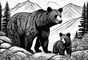 mamma bear and cub with mountains tattoo idea