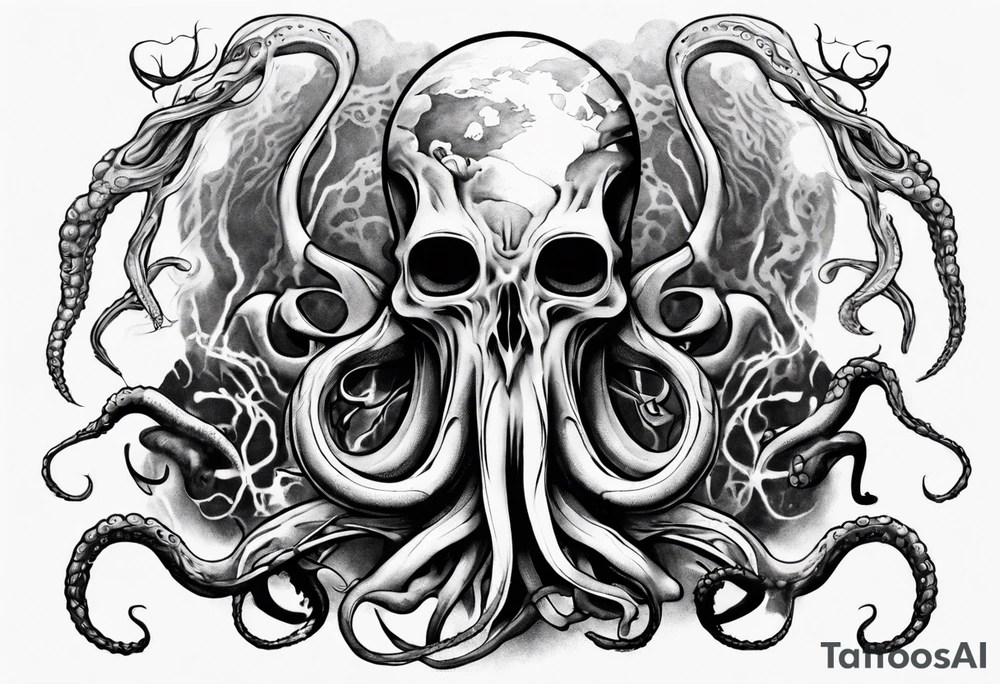 a tattoo on the theme of lovecraft, with tentacles that embrace the earth tattoo idea