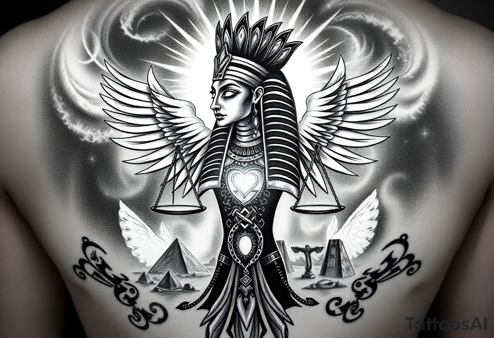 “Super realistic black and grey tattoo of the Egyptian goddess Ma’at, depicted as a regal woman with an ostrich feather headdress, intense glowing eyes, and intricate ancient Egyptian jewelry. She stands or floats amidst swirling cosmic energy and beams of light, with subtle hieroglyphics and pyramids in the background. Incorporate the Scales of Justice—one side holding a heart, the other Ma’at’s feather—glowing with ethereal energy. Emphasize dramatic lighting, deep shadows, and surreal, mystical atmosphere to match a sleeve with Anubis and cosmic motifs. Design should flow with existing sleeve art, using soft transitions and layered textures. tattoo idea