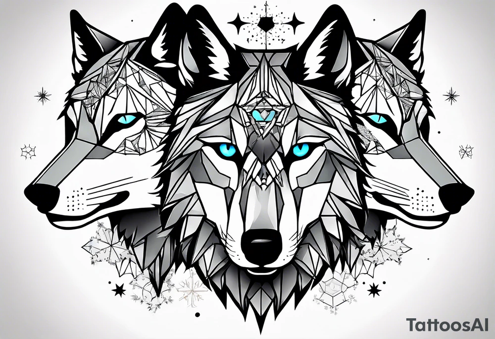 Constellation, two animal wolf, géométric, snowflake tattoo idea