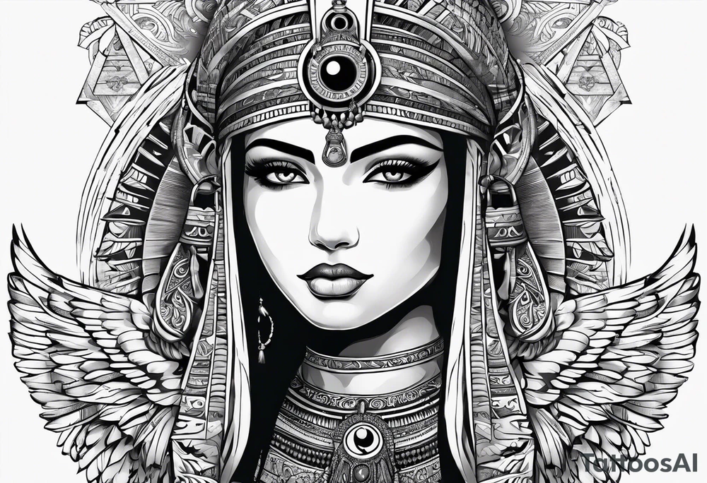 girl with eye of horus behind hierogliphlic wall tattoo idea
