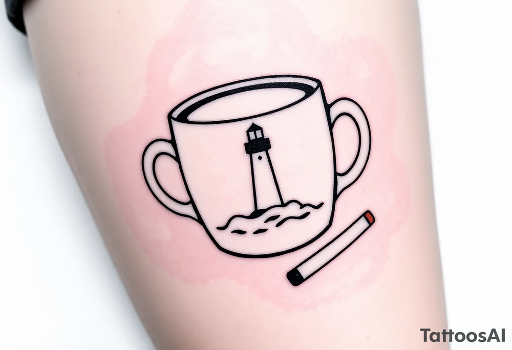 A mug of coffee
 with a picture of a 
 lighthouse on the the mug and a cigarette laying next to it tattoo idea