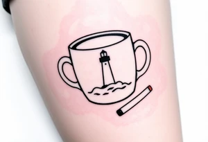 A mug of coffee
 with a picture of a 
 lighthouse on the the mug and a cigarette laying next to it tattoo idea