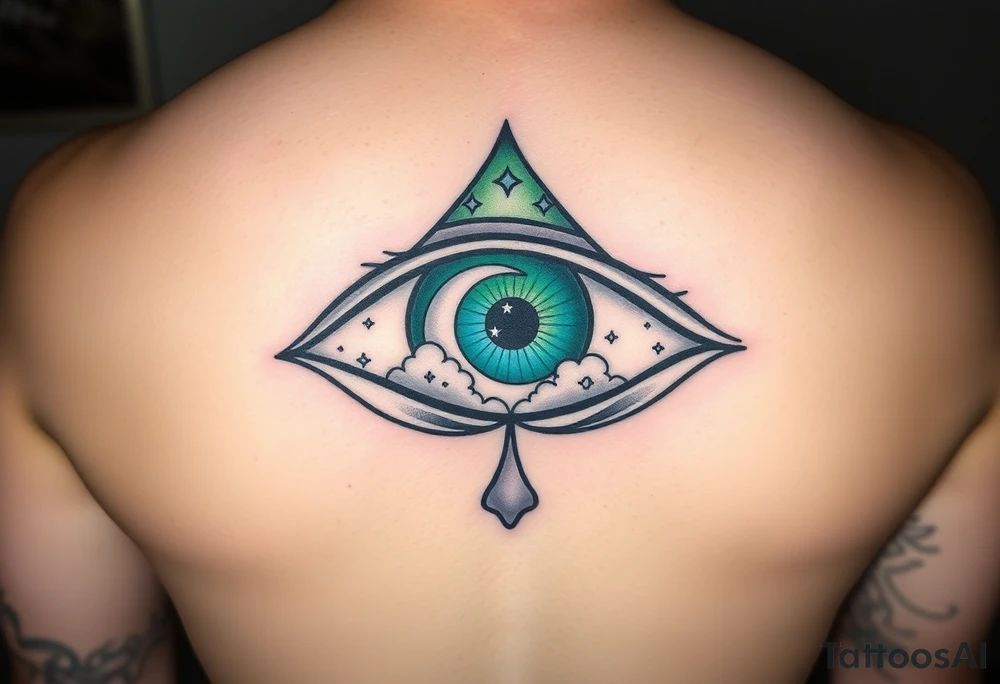 Large outline of an eye almond shaped with a spade for the eyeball + eyecolor greenish blue with a crescent moon stars and clouds inside of the spade eyeball using vivid colora like green purple and blue tattoo idea