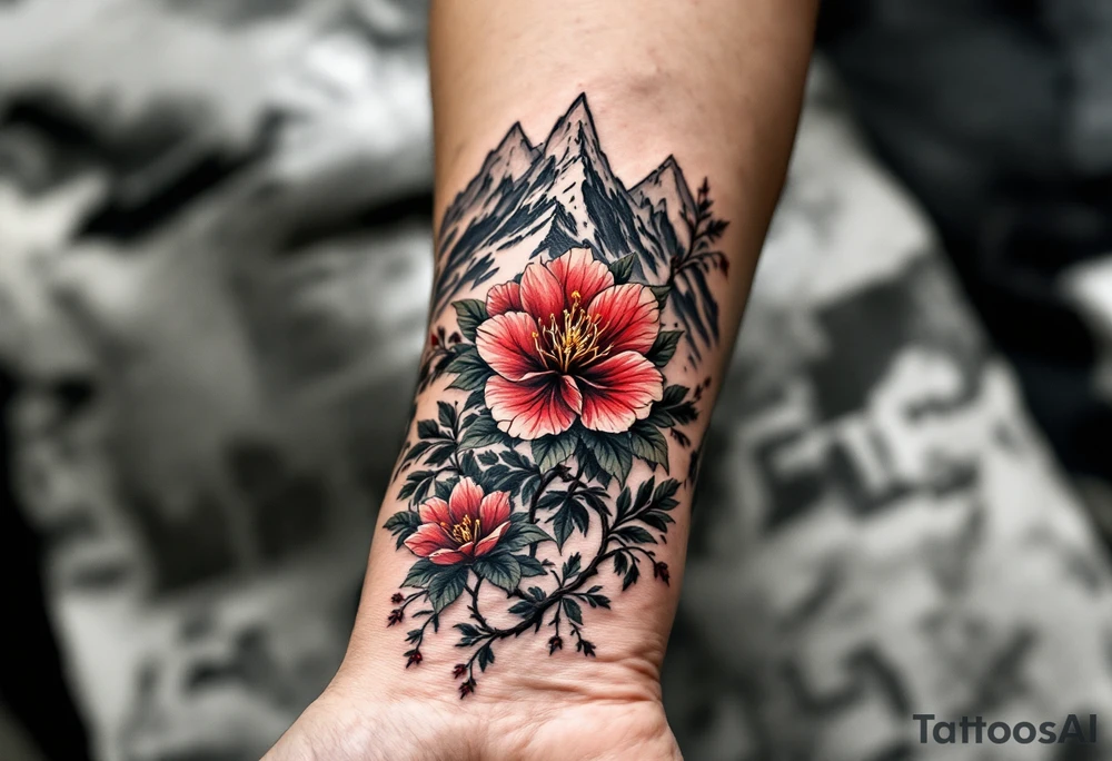 wrap around entire wrist red  and black rhododendron trippy with Himalayas behind tattoo idea