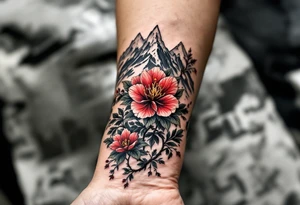 wrap around entire wrist red  and black rhododendron trippy with Himalayas behind tattoo idea