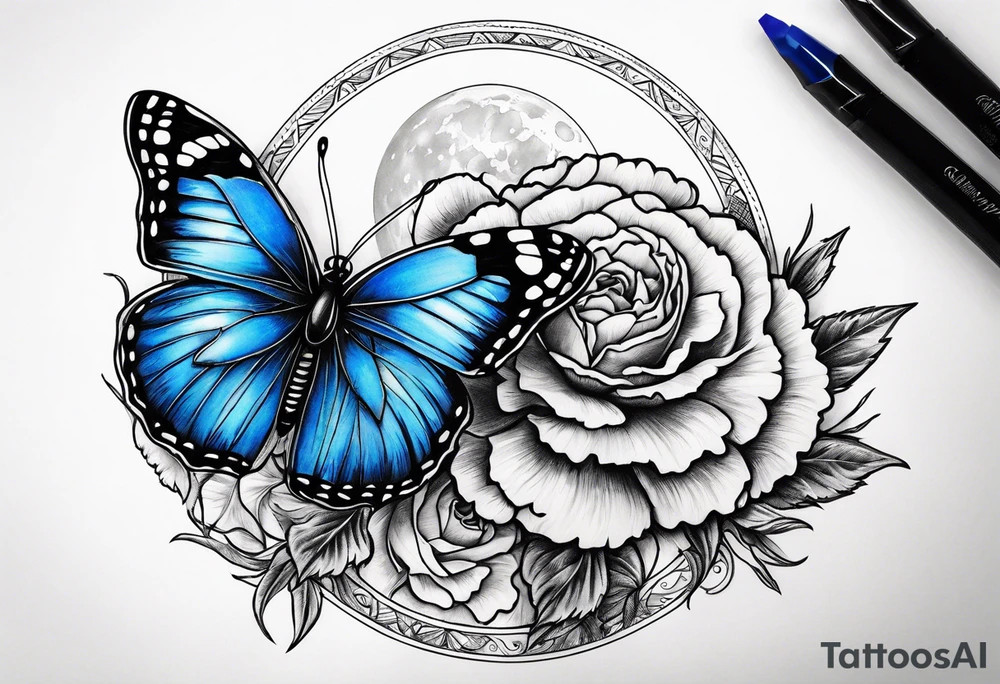carnation blue butterfly moon tattoo idea