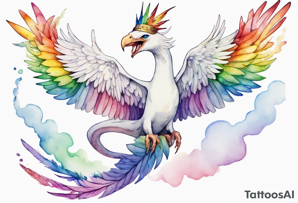 a watercolor of a white bird-serpent hybrid wearing a plain crown, with rainbow wing feathers, flying in the sky tattoo idea