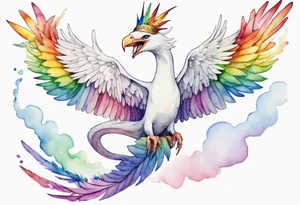 a watercolor of a white bird-serpent hybrid wearing a plain crown, with rainbow wing feathers, flying in the sky tattoo idea