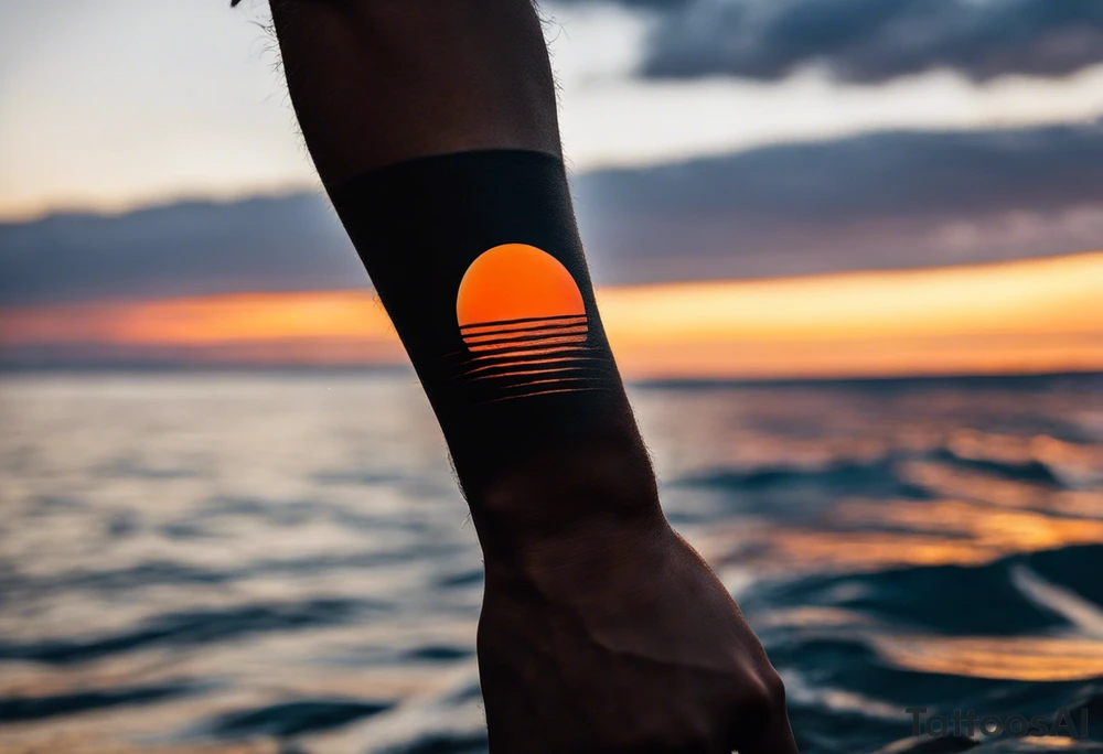 This is an extremely simple and minimalistic tattoo on male forearm. It is black and white with tiny splashes of orange from the sun. The tattoo 4 inches wide by 2 inches tall. From the perspective of being on the ocean, Water is calm, with no waves in sight, the sun is setting behind the ocean, reflecting light onto the ocean. tattoo idea