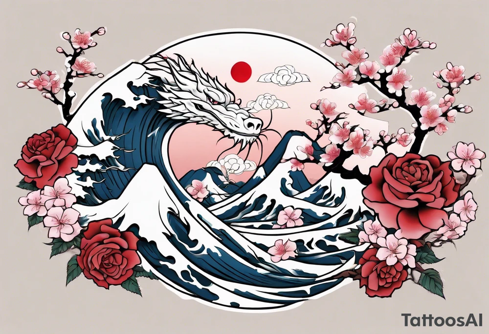 Japanese floral cherry blossom and snow mountains back ground filler for traditional Chinese dragon and great waves and rose and butterfly tattoo tattoo idea