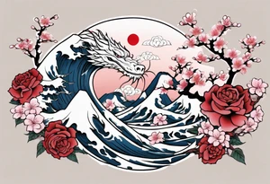 Japanese floral cherry blossom and snow mountains back ground filler for traditional Chinese dragon and great waves and rose and butterfly tattoo tattoo idea