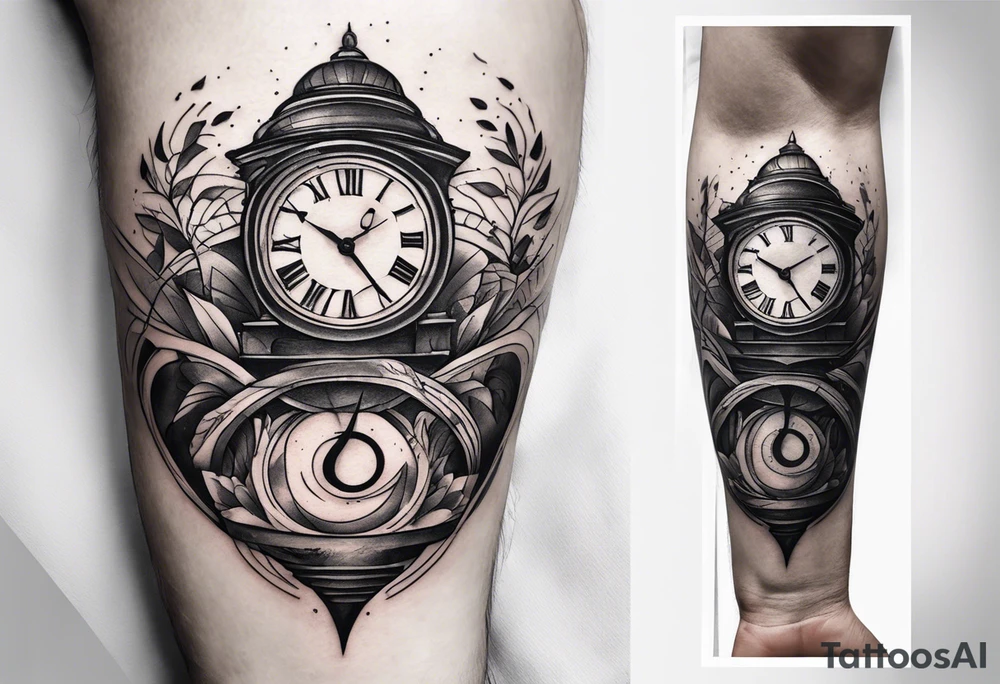 Draw me a tattoo located on the shoulder and upper arm of a man. The tattoo represents a clock in an hourglass with Roman numerals in the background. It is a symbol of the passing of time. tattoo idea
