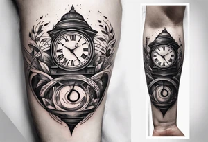 Draw me a tattoo located on the shoulder and upper arm of a man. The tattoo represents a clock in an hourglass with Roman numerals in the background. It is a symbol of the passing of time. tattoo idea