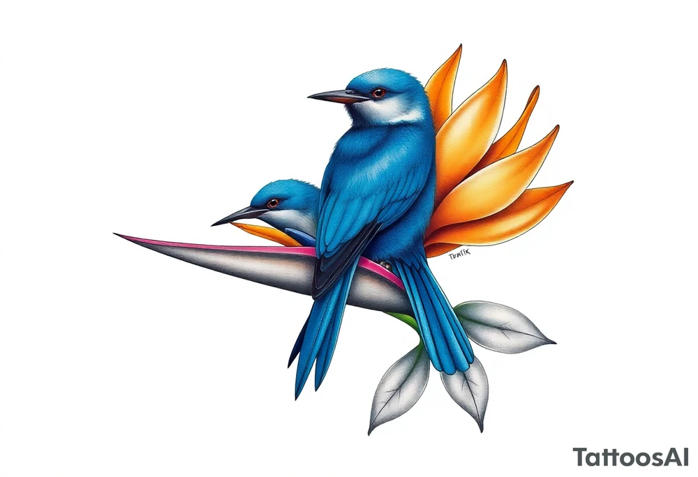 Bird of paradise flower with blue bird tattoo idea