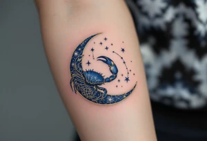A crescent moon with crab in navy cradles the Cancer constellation in glowing gold ink. tattoo idea