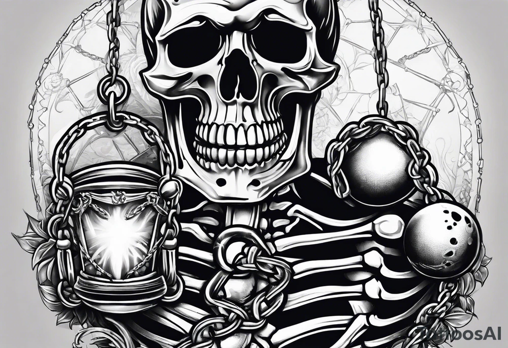 Skeleton with ball and chain around ankle tattoo idea