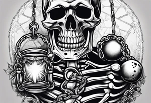 Skeleton with ball and chain around ankle tattoo idea