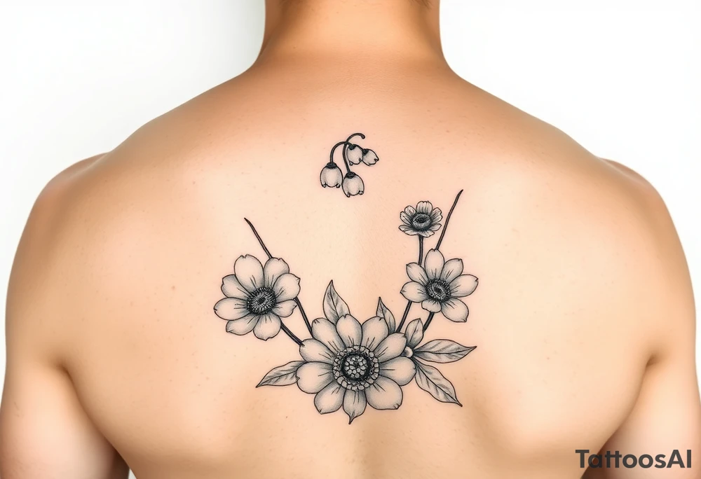 small lily of the valley, marigold, and chrysanthemum tattoo idea