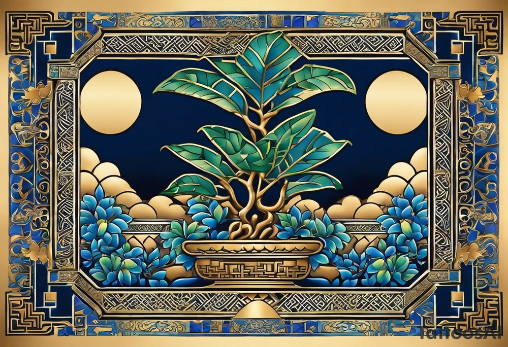 Ein blaues Tattoo über den ganzen Rücken aus orientalischen Fliesen, einem Bonsai, einem Monstera Ableger, Zitronen und Maori Stilelemente. Vertikal über der Wirbelsäule solte Perspektive mit teilweise verdrehten Buchstaben stehen. Abschließend an der hüfte entlang einen runden po zaubern. Alles vertikal tattoo idea