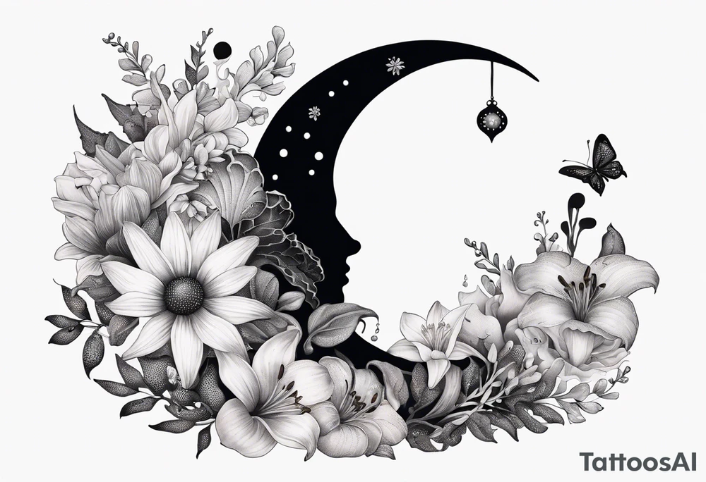 Crescent moon with daisy's, lily’s, crystals, and mushrooms tattoo idea