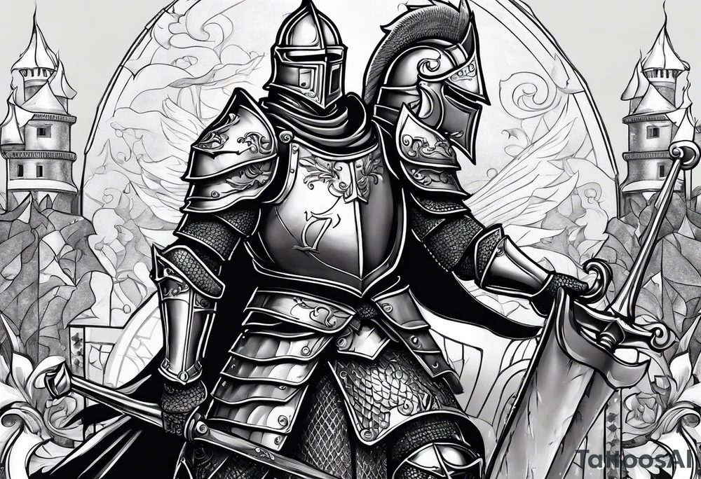 knight with heavy armor with letters with RAYMOND on shield tattoo idea