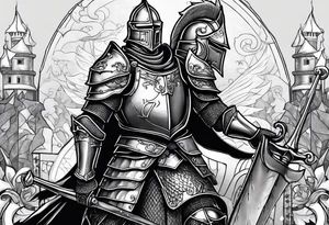 knight with heavy armor with letters with RAYMOND on shield tattoo idea