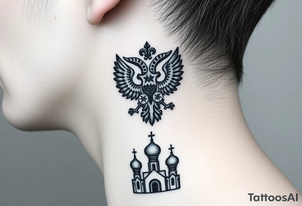 Stacked Vertical Column 

Russian star — bold
Middle: double-headed eagle — simplified, cleaner lines to suit the smaller space
Bottom: Orthodox church dome(s) & a Virgin Mary silhouette beneath tattoo idea