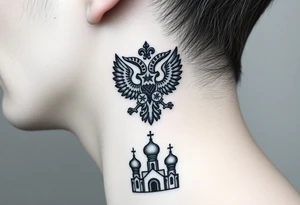 Stacked Vertical Column 

Russian star — bold
Middle: double-headed eagle — simplified, cleaner lines to suit the smaller space
Bottom: Orthodox church dome(s) & a Virgin Mary silhouette beneath tattoo idea
