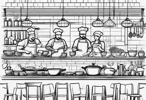 Create a bar scene with dog faced minimalist figures cooking in a restaurant as chefs making ramen in all stages of prepping, cooking and plating and sending food out tattoo idea