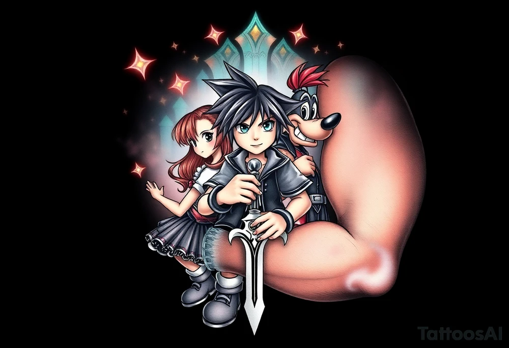 Exact Kingdom Hearts tattoo design featuring sora, kairi, riku, donald and goofy from the game, together in a dynamic, united pose. The centerpiece should include the soras Keyblade, with a beautiful and ethereal dark Kingdom Hearts-inspired background—think glowing stars, floating islands, and stained-glass elements in backroung. The design should capture themes of friendship, light vs. darkness, and adventure. Style should be detailed, fantasy-oriented, and suitable for a large piece tattoo idea