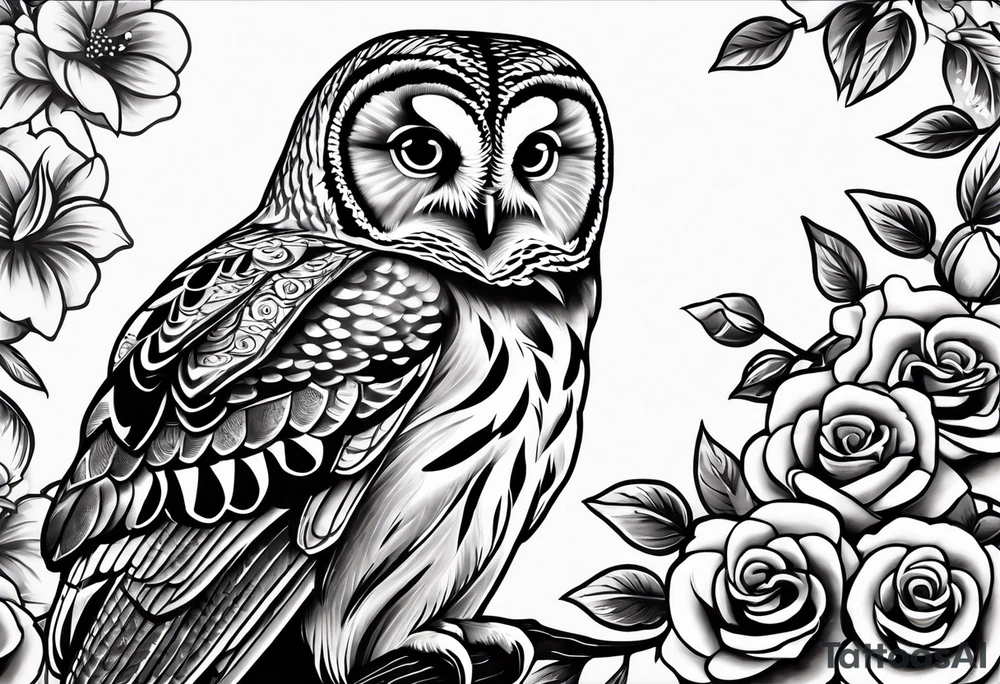 Barred owl with a rose and a heart tattoo idea