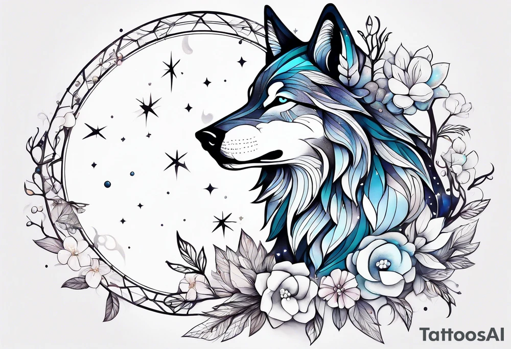 Constellation, animal wolf snow , géométric , flower tattoo idea
