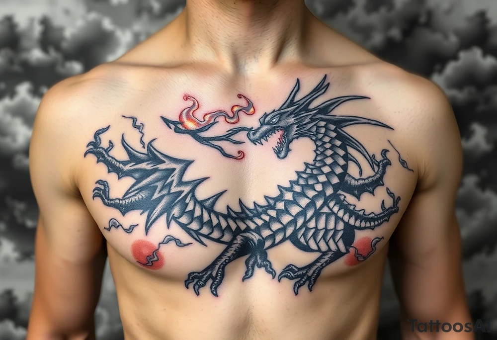 fierce dragon breathing iridescent fire against stormy skies tattoo idea