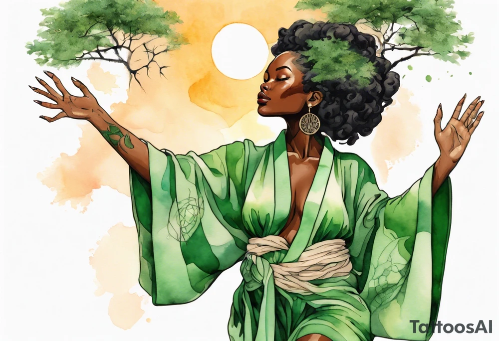 a beautiful black woman wearing a green robe with tree roots for feet, arms reaching up towards the sun tattoo idea