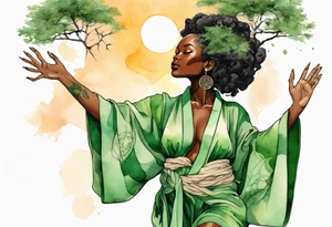 a beautiful black woman wearing a green robe with tree roots for feet, arms reaching up towards the sun tattoo idea