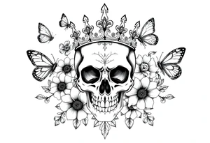 ornate skull adorned with gorgeous crown surrounded by boho flowers and butterflies tattoo idea