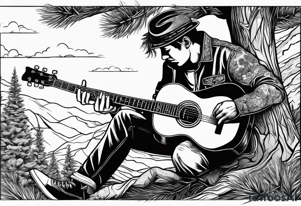 man playing electric guitar while sitting in a pine tree. simple tattoo idea
