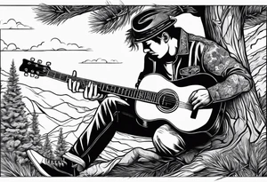 man playing electric guitar while sitting in a pine tree. simple tattoo idea