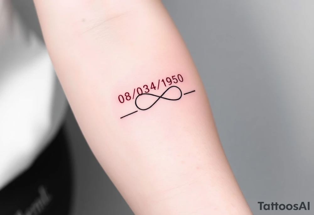 “Quero uma tatuagem no antebraço, simples e pequena. Deve ter a data de nascimento do meu avô 08/03/1950 escrita em vermelho, seguida de um traço reto e, à frente, o símbolo de infinito em preto com detalhes em branco. O design deve ser minimalista, com letras elegantes e proporcionais, mantendo um aspeto discreto.” tattoo idea