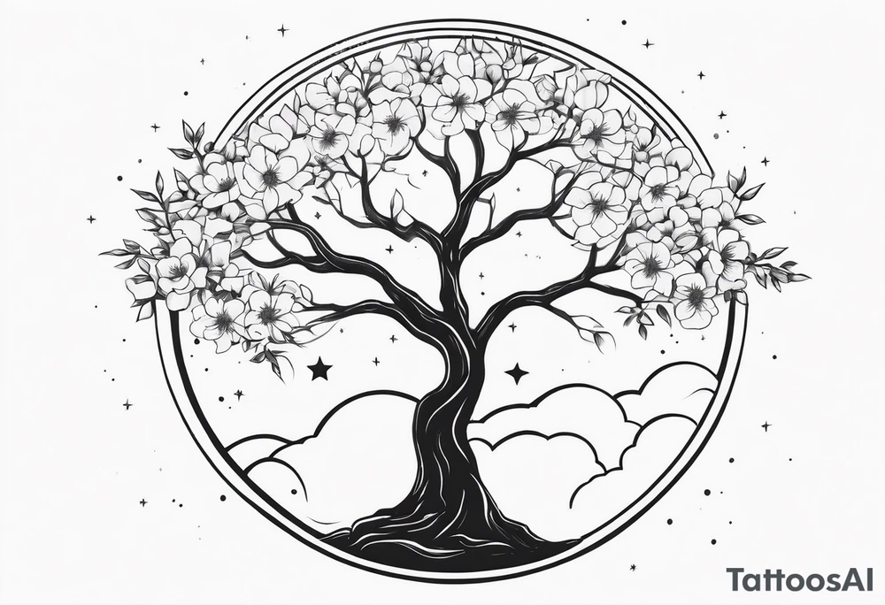 Tree with flowers , the moon , symbols of strength and power tattoo idea