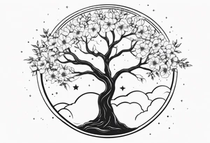 Tree with flowers , the moon , symbols of strength and power tattoo idea
