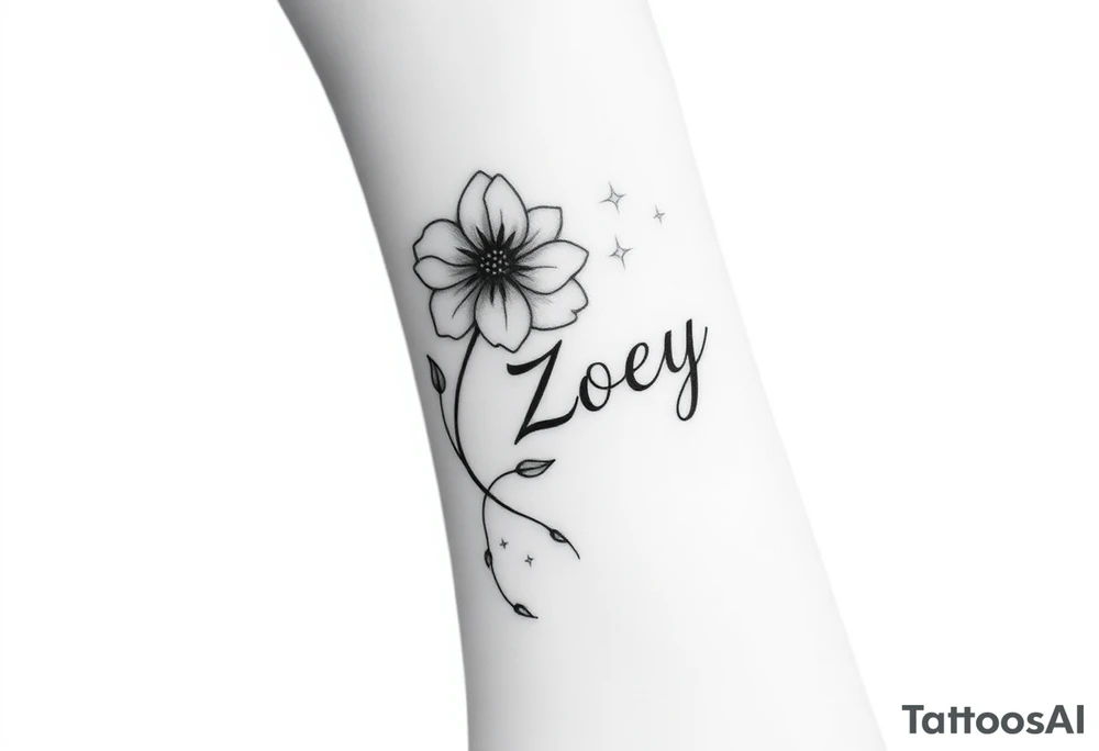 I want it on my wrist. I want a beautiful flower on the inside of my wrist with tendrils down the inside of my arm with little delicate stars or motes and the name Zoey

Why are you showing it on a back? I want it on the inside of my wrist

I want it to be a little smaller. I want the lines to be super fine. I want more organic delicate tendrils. The name Zoey should be about 3" up on the inside of my arm 

I just want the tendrils to look more natural and flowy and graceful.
I do not want stars in it anymore. 
Please show it on the inside of the wrist with the blossom just below the palm and the tendrils curling up the inside of the arm. I want a little more tendrils with some little sparkles very delicate leading to the name
More options. Make it super delicate and graceful. The tendrils can have tiny delicate leaves 

It needs to be on the underside of the wrist on the inside flowing up the arm
More tendrils and more sparkles
More options please tattoo idea