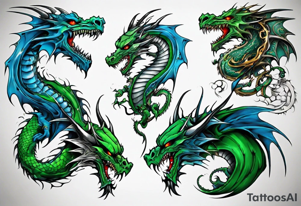 2 dragons one green and other blue tattoo idea