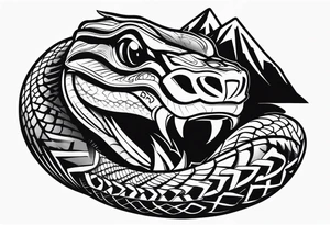 black and white drawing of a snake head with copper eyes an open mouth with mountain bike tire tread for body tattoo idea