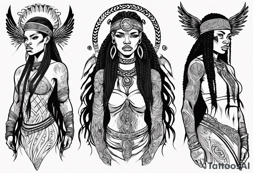 African female Viking  angel full body 
slim long face small mouth long braided hair tattoo idea