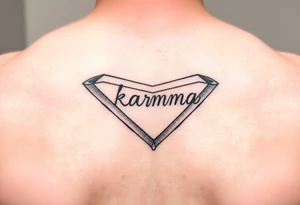 Minimalist style tattoo of a boomerang with the word karma on it tattoo idea