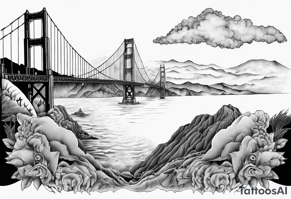 Golden Gate Bridge with fog rolling in with Marin hills in the background tattoo idea