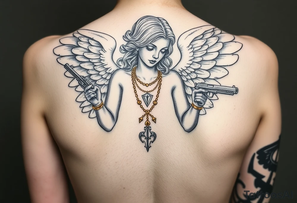 old angel statue in criminal style, tattooed and at the same time contemporary, weapons in hand, gangster-style gold necklaces tattoo idea